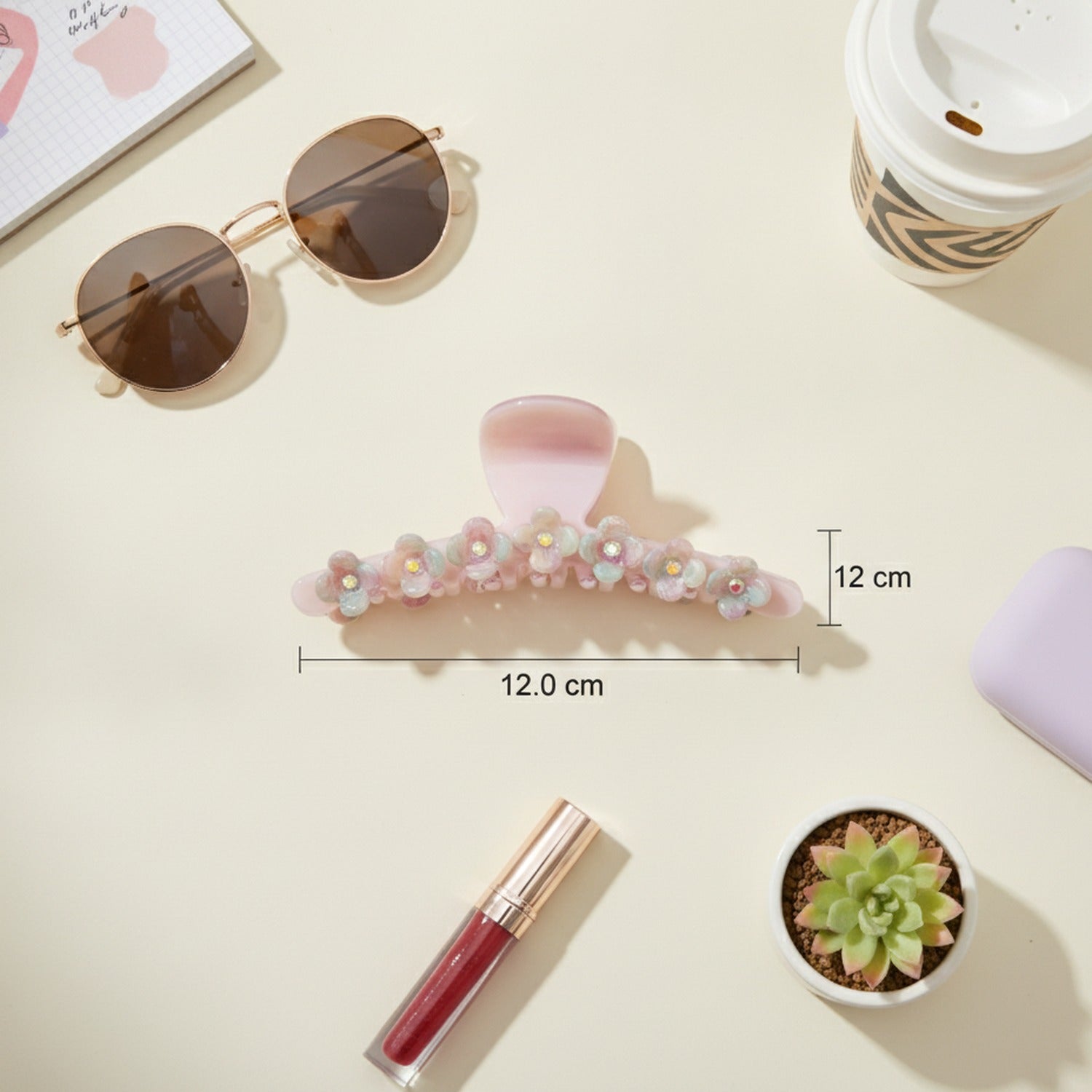 Floral Beaded Hair Claw Clip - Pink 12.2cm