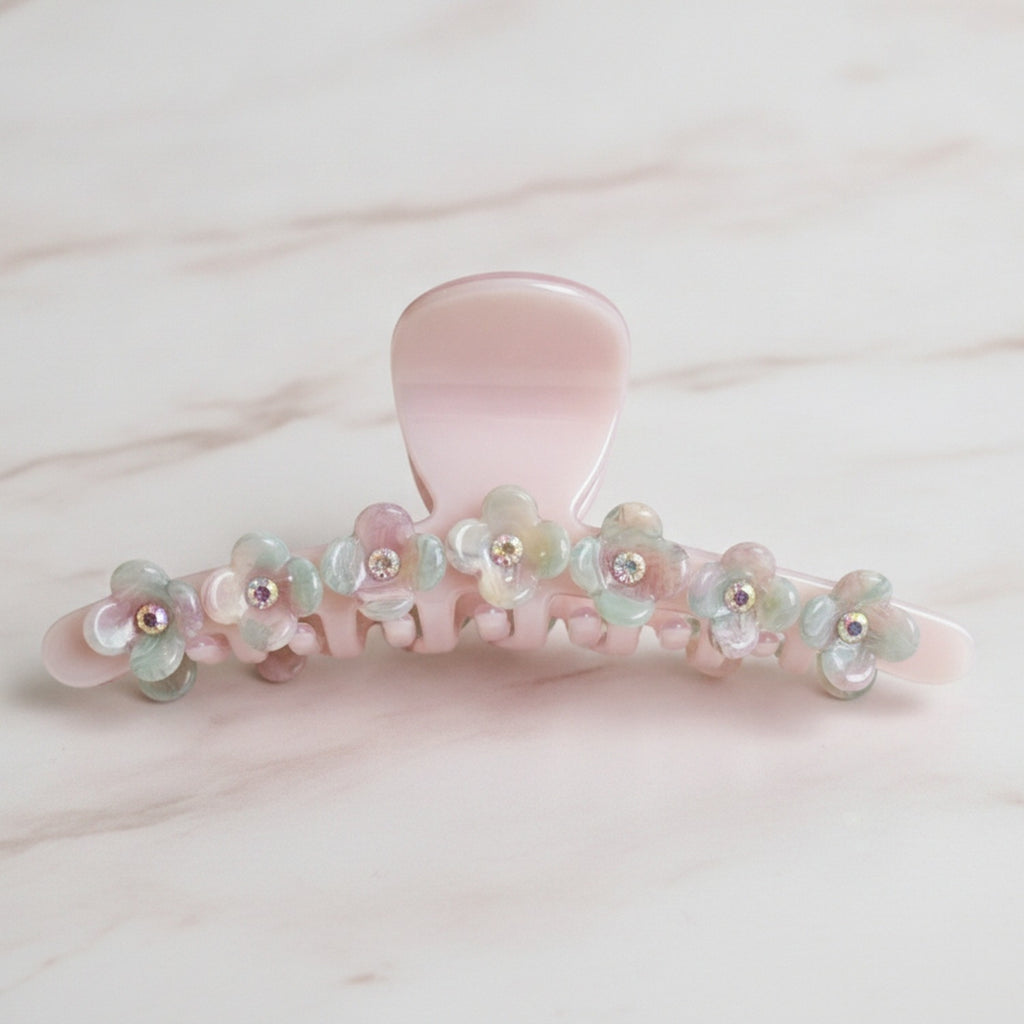 Floral Beaded Hair Claw Clip - Pink 12.2cm