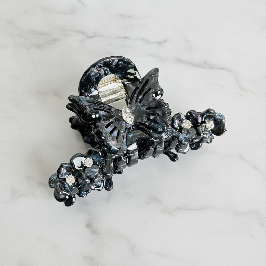 Butterfly Hair Claw With Rhinestone Beads - Iridescent Blue-Black 9.1cm