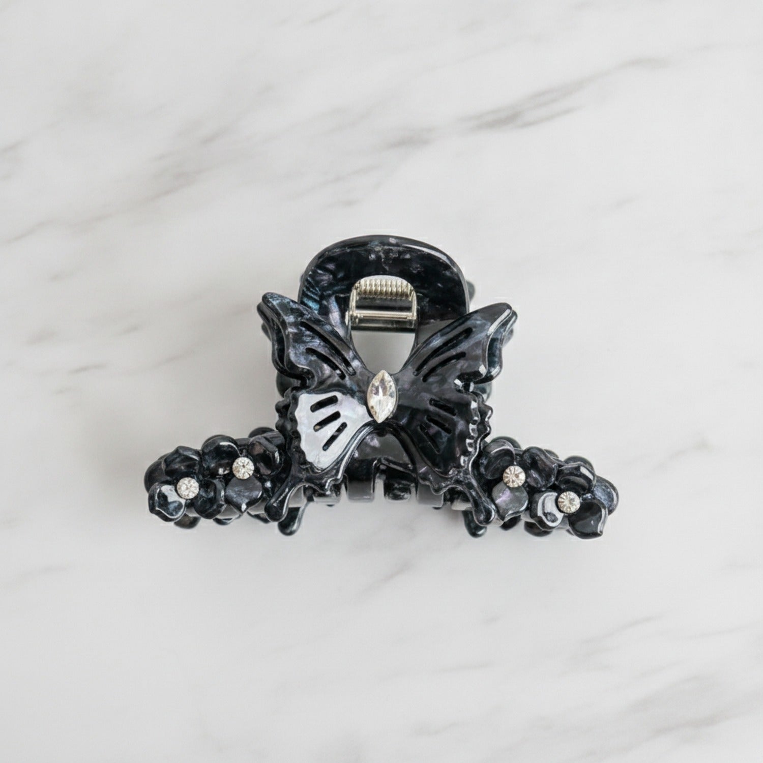 Butterfly Hair Claw With Rhinestone Beads - Iridescent Blue-Black 9.1cm