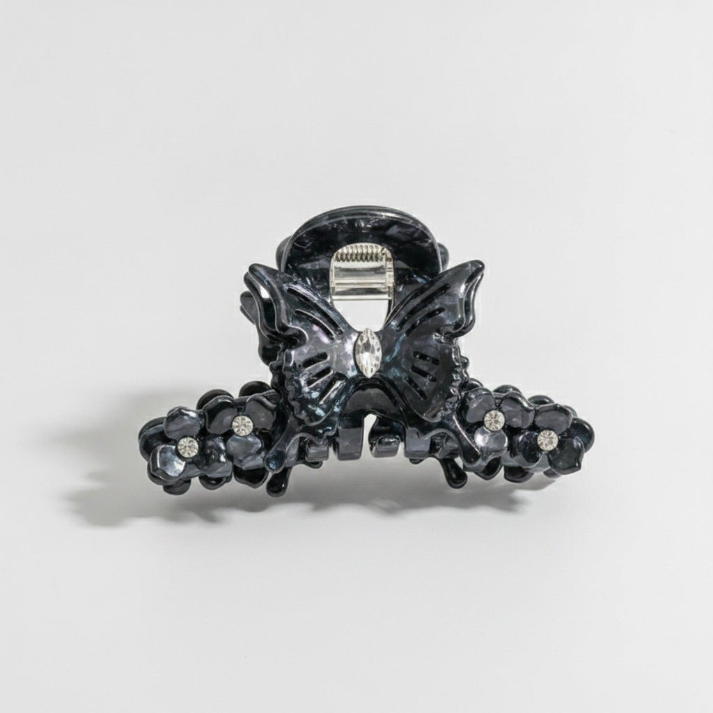 Butterfly Hair Claw With Rhinestone Beads - Iridescent Blue-Black 9.1cm