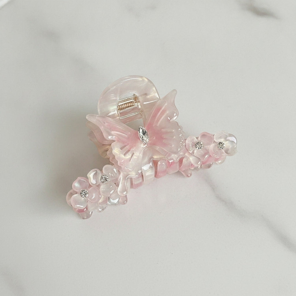 Butterfly Hair Claw With Rhinestone Beads - Rainbow Pink