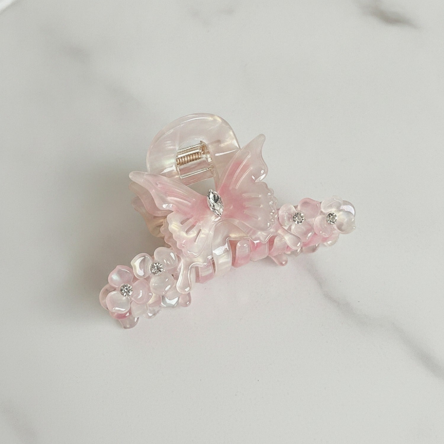 Butterfly Hair Claw With Rhinestone Beads - Rainbow Pink