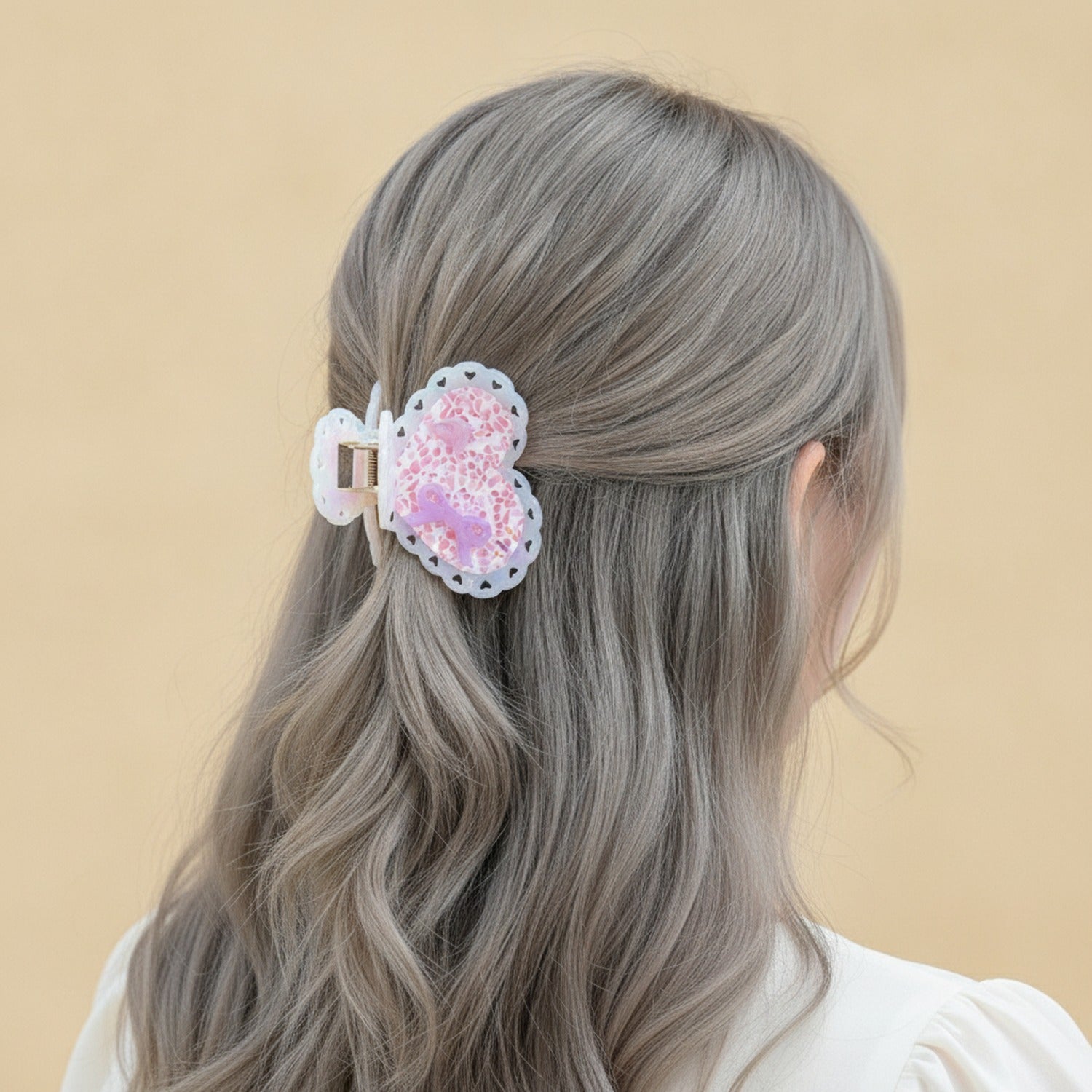 Heart-Shaped Iridescent Beaded Hair Claw