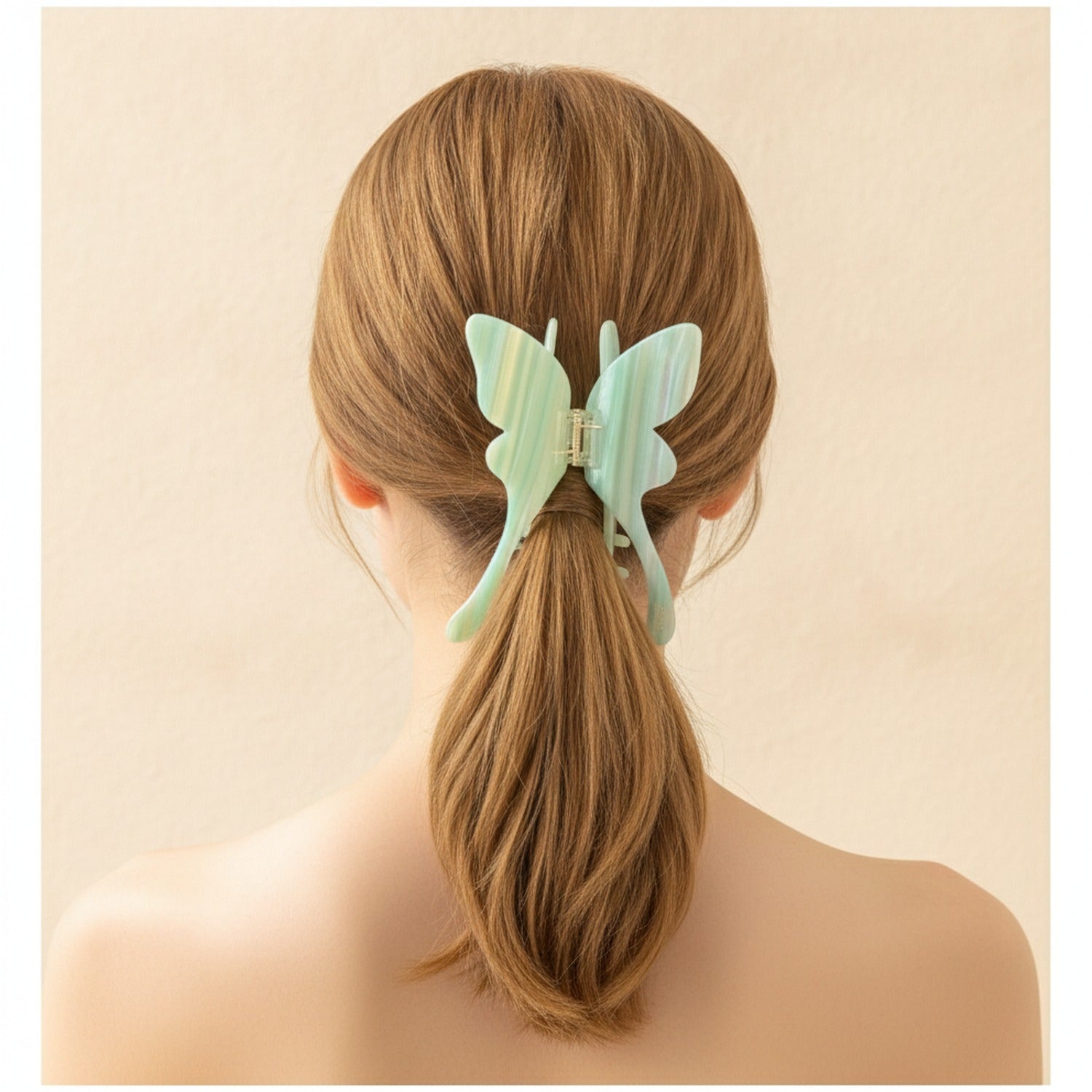 Pearl Butterfly Hair Claw Clip - Stripe Green 14.5cm