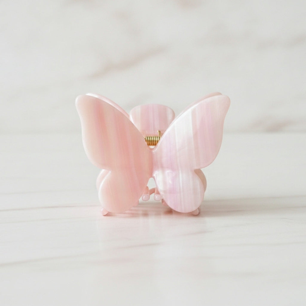 Pearl Butterfly Hair Claw Clip - Stripe Pink 14.5cm
