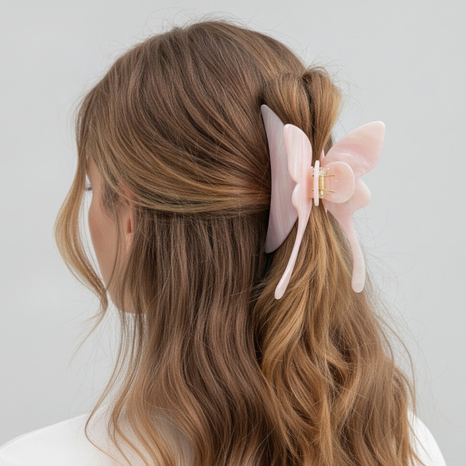 Pearl Butterfly Hair Claw Clip - Stripe Pink 14.5cm