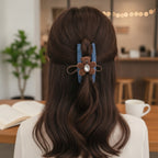 Denim Teddy Bear Hair Claw Clip - Double-Sided Deep Coffee Floral Bear Dark Denim Claw Clip – hair accessories (view 2)