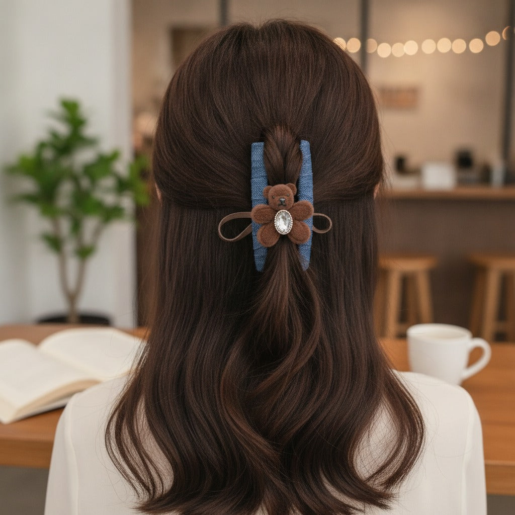 Denim Teddy Bear Hair Claw Clip - Double-Sided Deep Coffee Floral Bear Dark Denim Claw Clip – hair accessories (view 2)