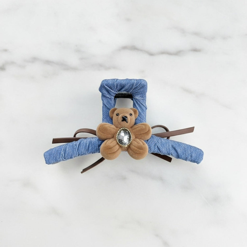 Denim Teddy Bear Hair Claw Clip - Double-Sided Deep Coffee Floral Bear Dark Denim Claw Clip