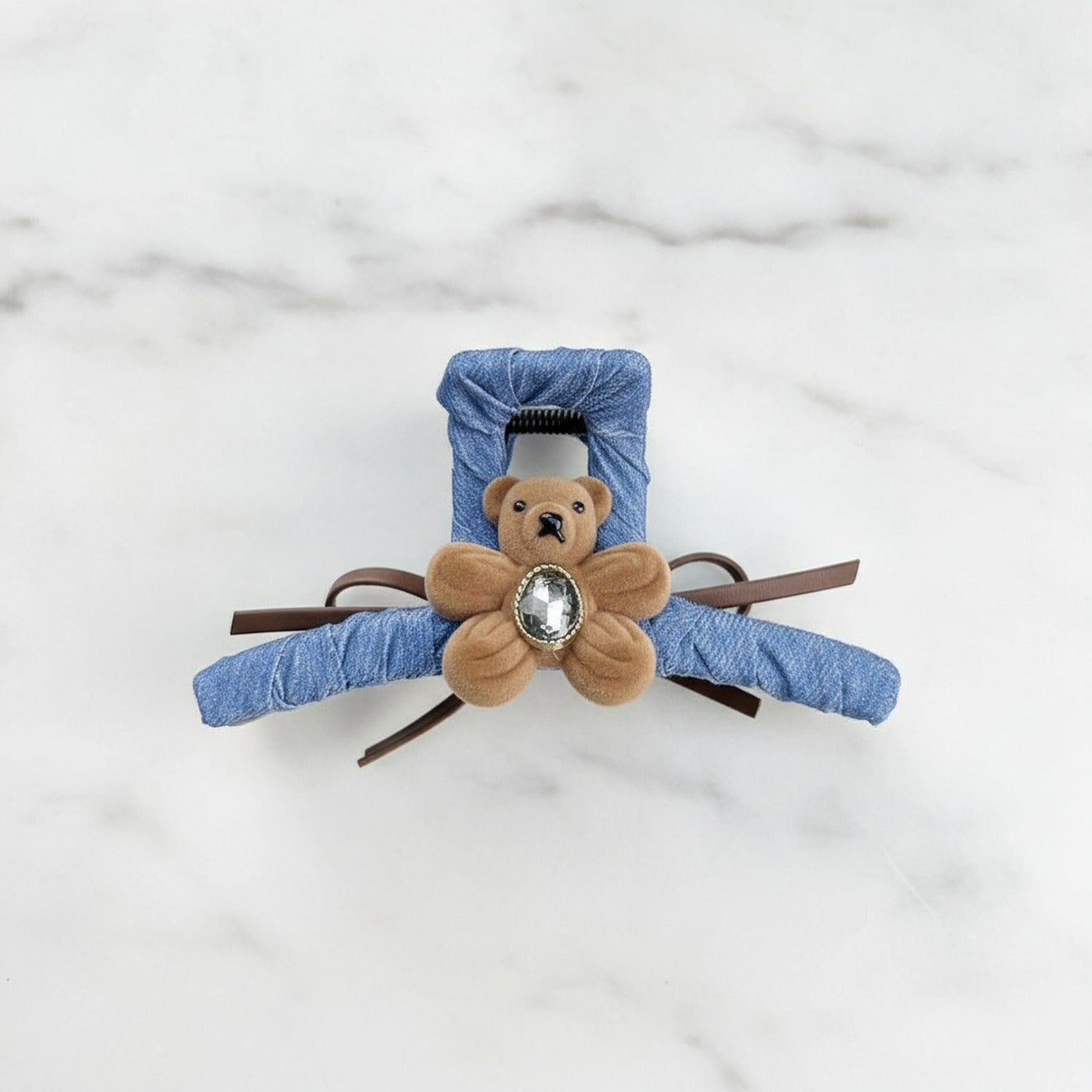 Denim Teddy Bear Hair Claw Clip - Double-Sided Deep Coffee Floral Bear Dark Denim Claw Clip