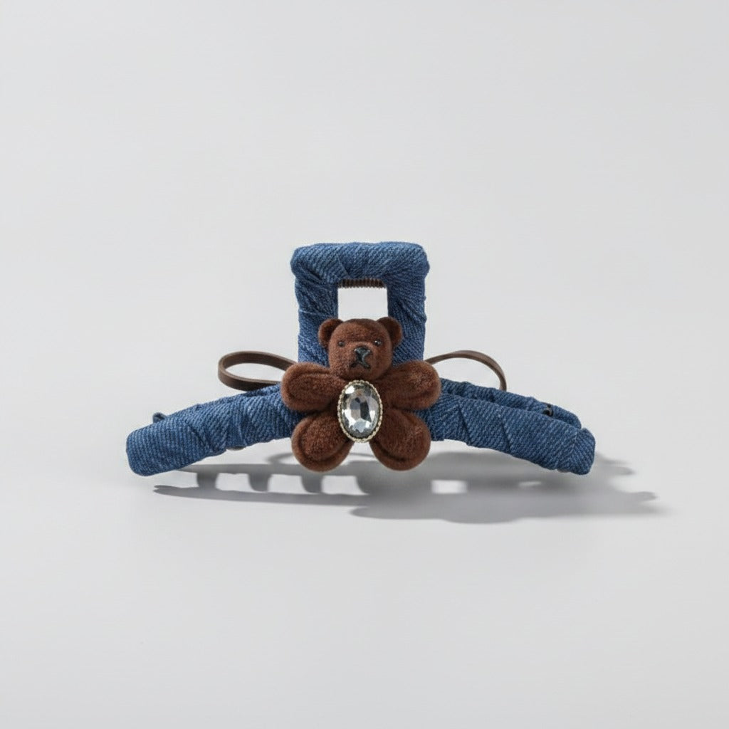 Denim Teddy Bear Hair Claw Clip - Double-Sided Deep Coffee Floral Bear Dark Denim Claw Clip – hair accessories (view 1)