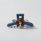 Denim Teddy Bear Hair Claw Clip - Double-Sided Deep Coffee Floral Bear Dark Denim Claw Clip – hair accessories (view 1)