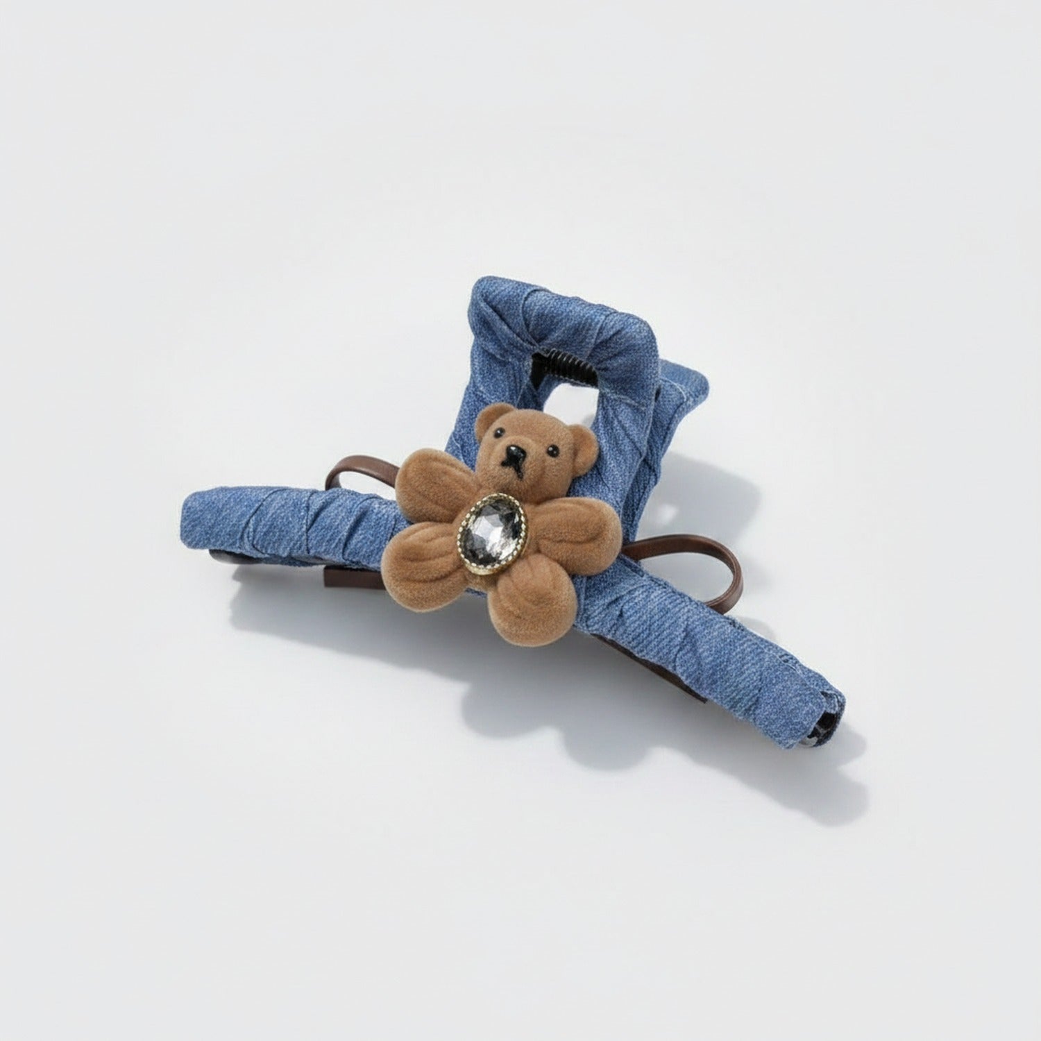 Denim Teddy Bear Hair Claw Clip - Double-Sided Deep Coffee Floral Bear Dark Denim Claw Clip