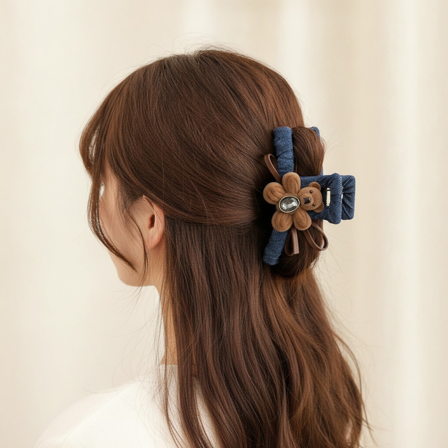 Denim Teddy Bear Hair Claw Clip - Double-Sided Deep Coffee Floral Bear Dark Denim Claw Clip