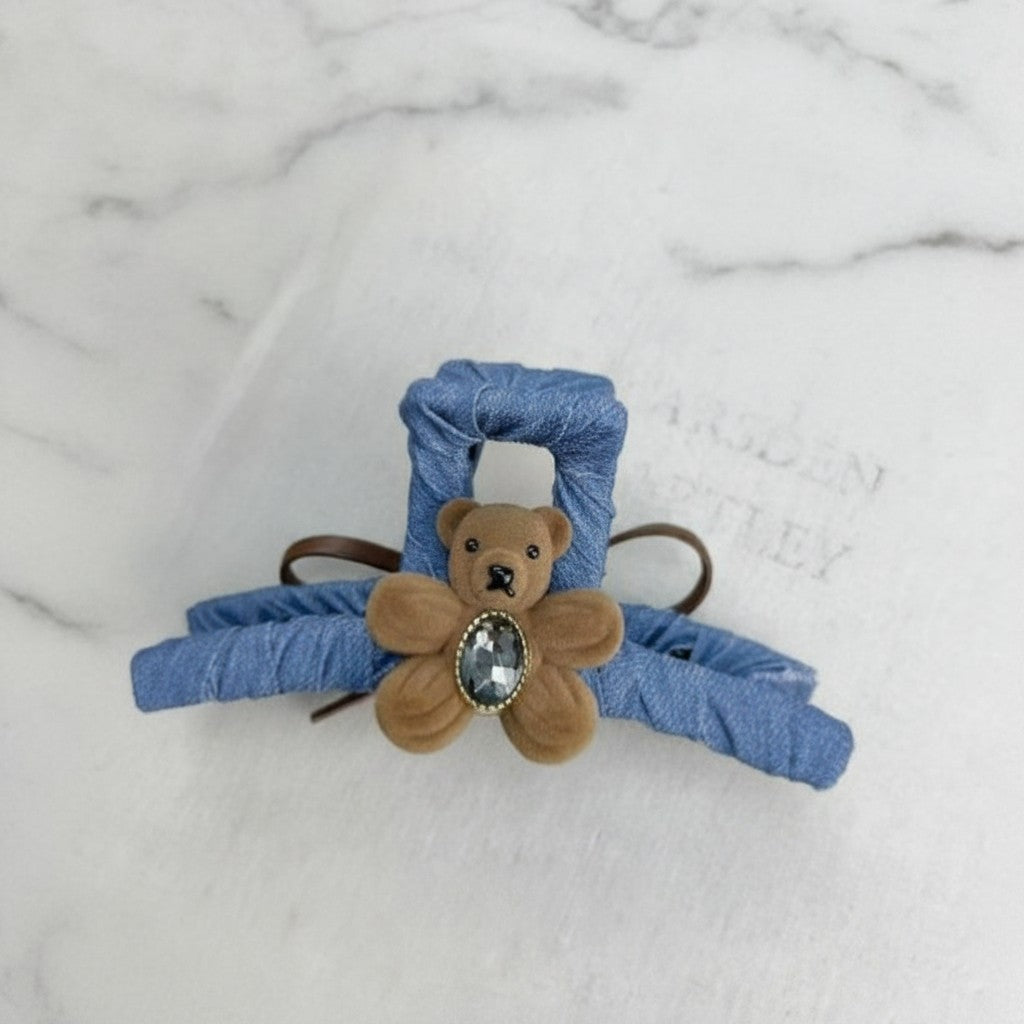 Denim Teddy Bear Hair Claw Clip - Camel/Blue Flower Bear Denim Claw Clip