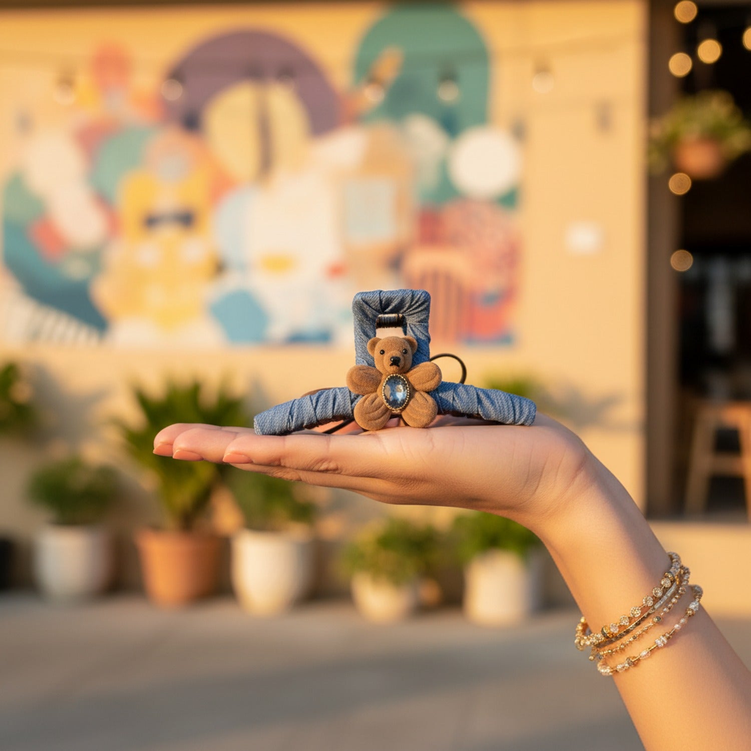 Denim Teddy Bear Hair Claw Clip - Camel/Blue Flower Bear Denim Claw Clip – hair accessories (view 3)