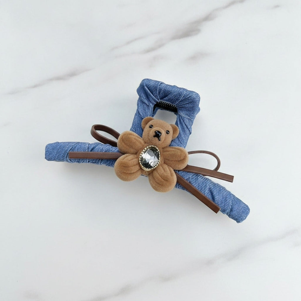Denim Teddy Bear Hair Claw Clip - Camel/Blue Flower Bear Denim Claw Clip