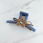 Denim Teddy Bear Hair Claw Clip - Camel/Blue Flower Bear Denim Claw Clip