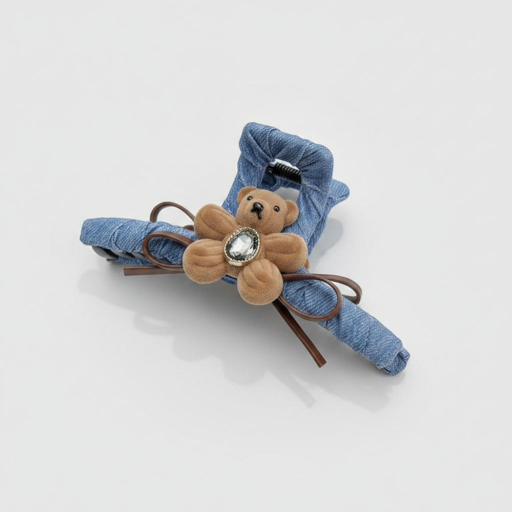 Denim Teddy Bear Hair Claw Clip - Camel/Blue Flower Bear Denim Claw Clip