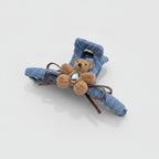 Denim Teddy Bear Hair Claw Clip - Camel/Blue Flower Bear Denim Claw Clip