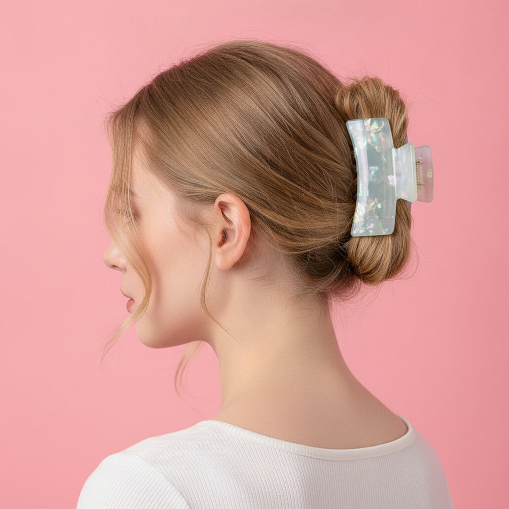 Hair Claw With Ribbed Metal Base - Blush Iridescent