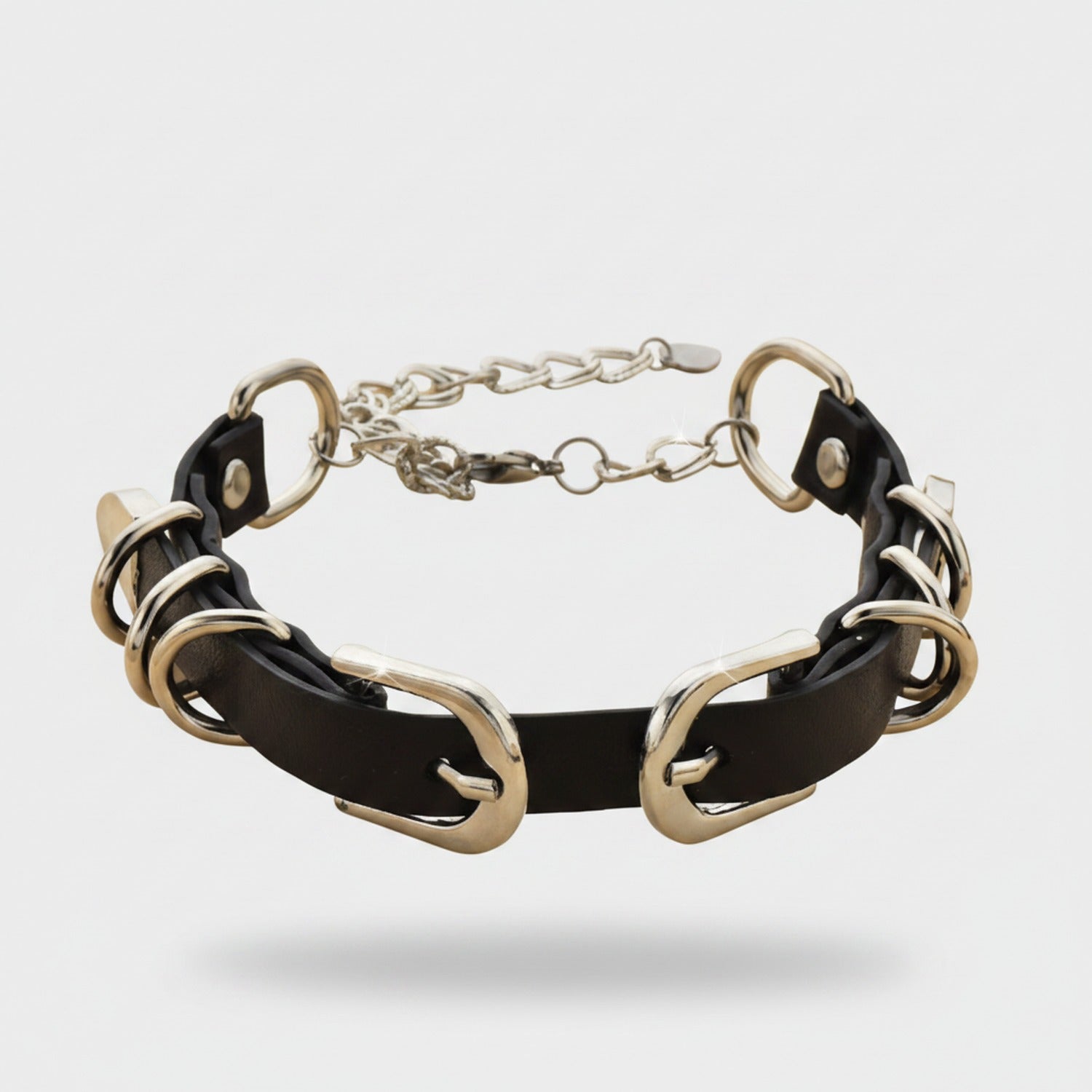 Black Leather Chain Link Statement Bracelet Set