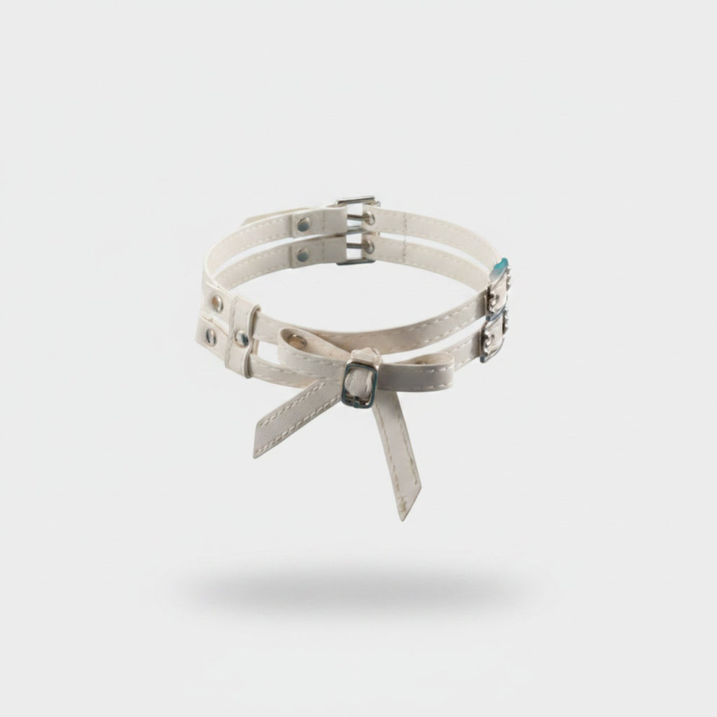 White Leather Choker Ring Set With Bow
