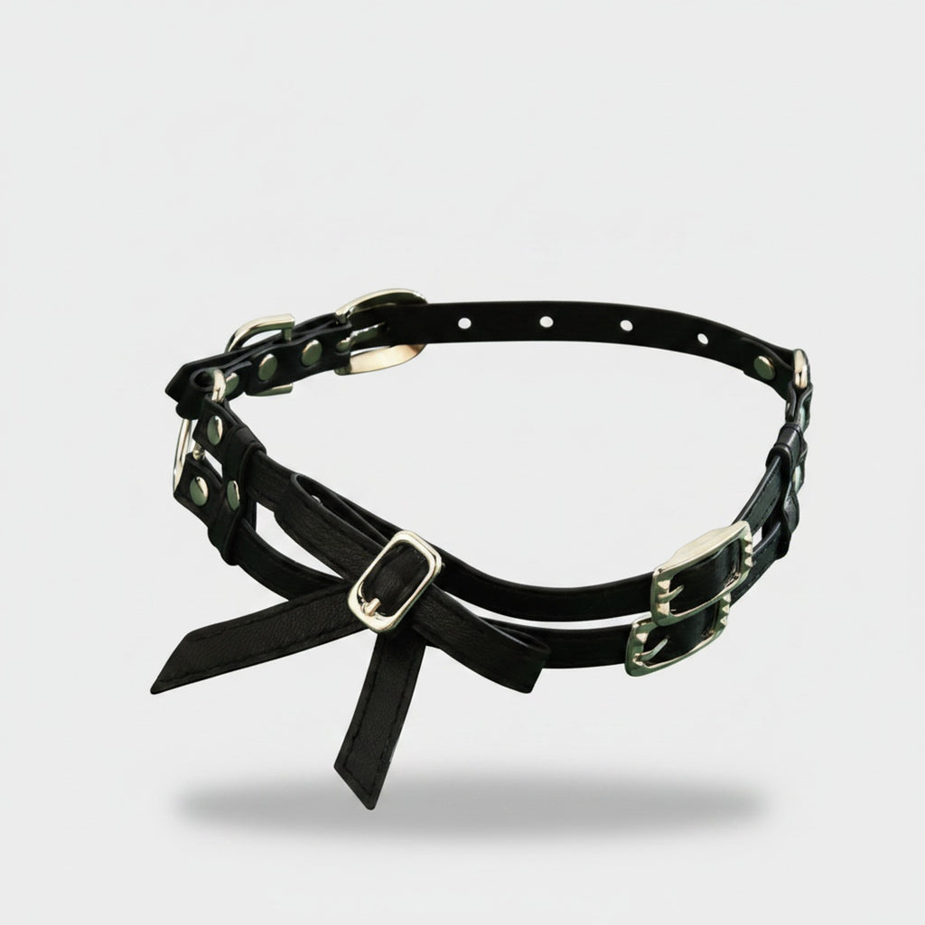 Black Leather Studded Choker Ring Set