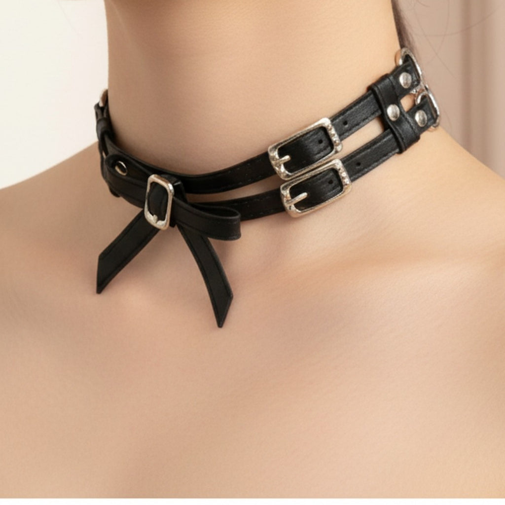 Black Leather Studded Choker Ring Set