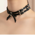 Black Leather Studded Choker Ring Set
