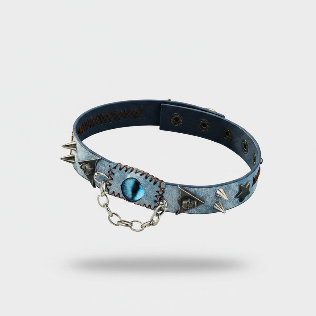 Blue Leather Choker With Spikes And Cat Eye Charm