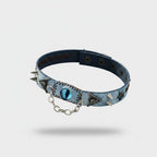 Blue Leather Choker With Spikes And Cat Eye Charm