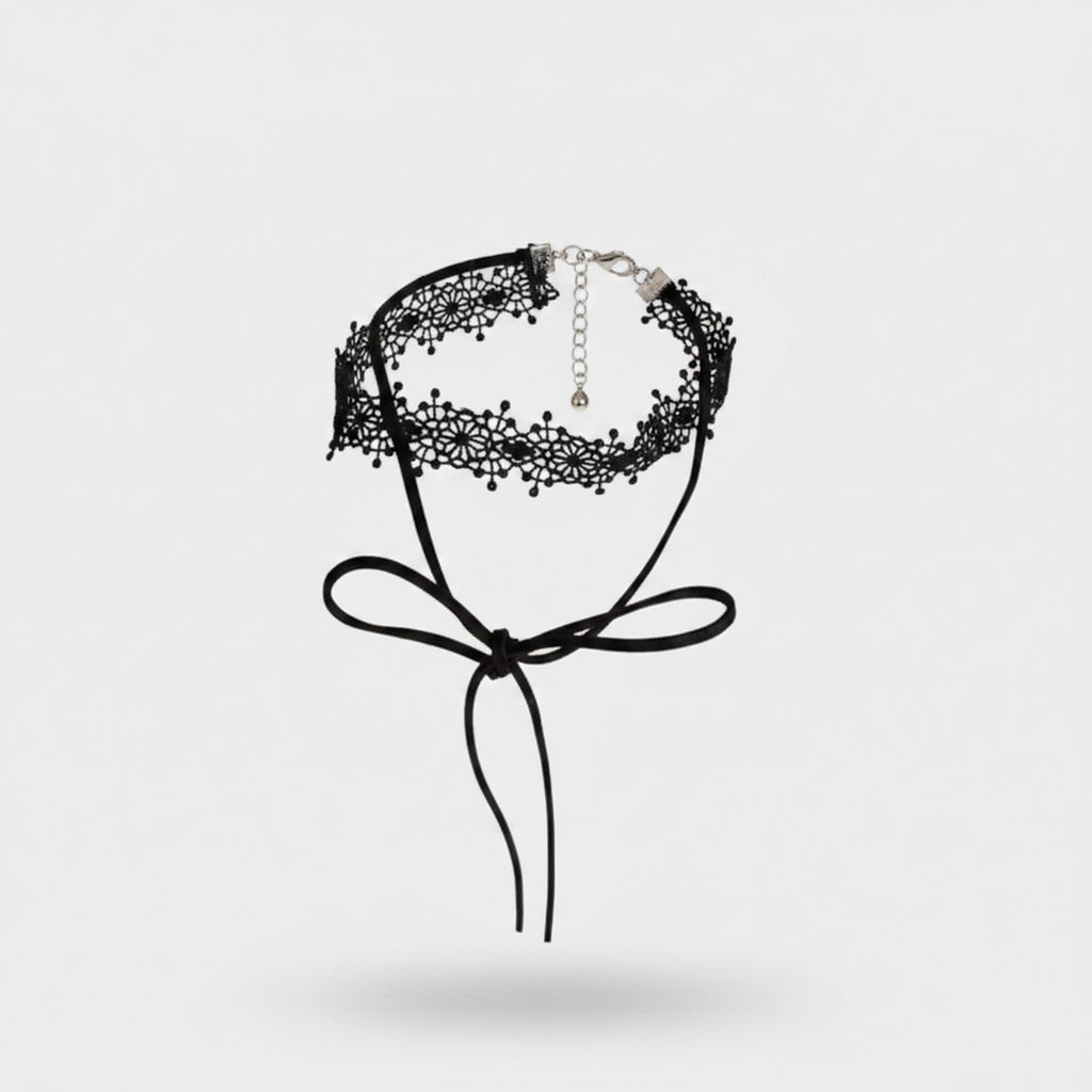 Black Lace Choker Ring Set With Ribbon Tie