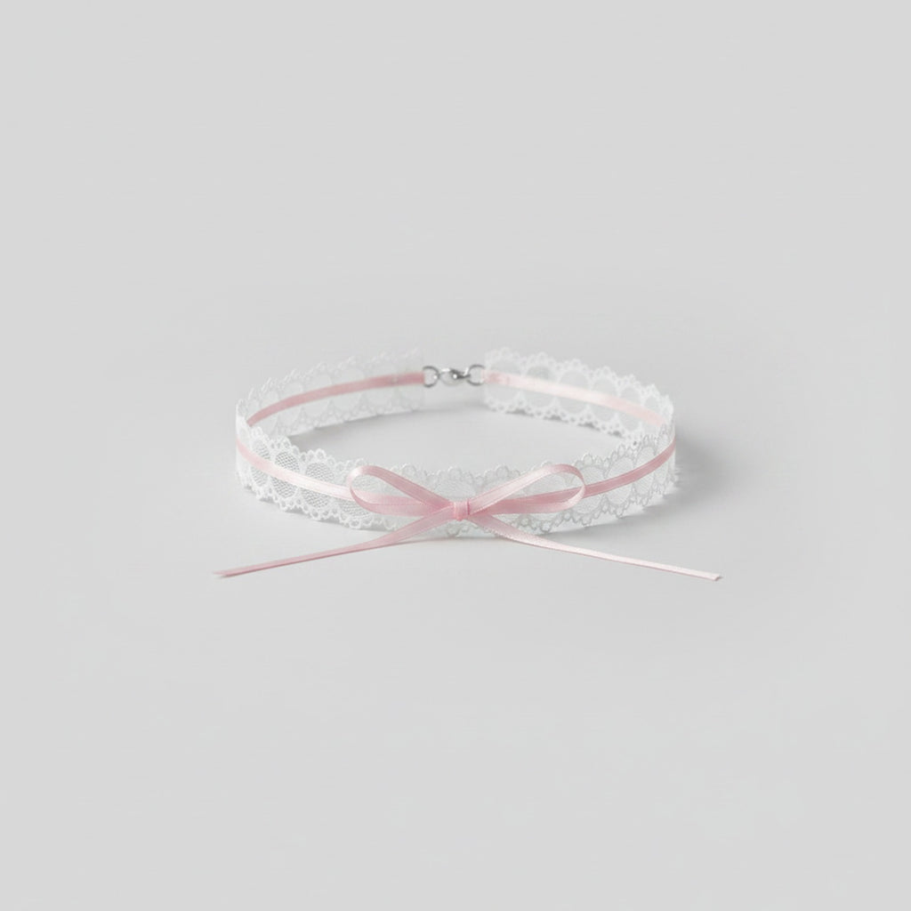 White Lace Choker With Pink Ribbon Bow