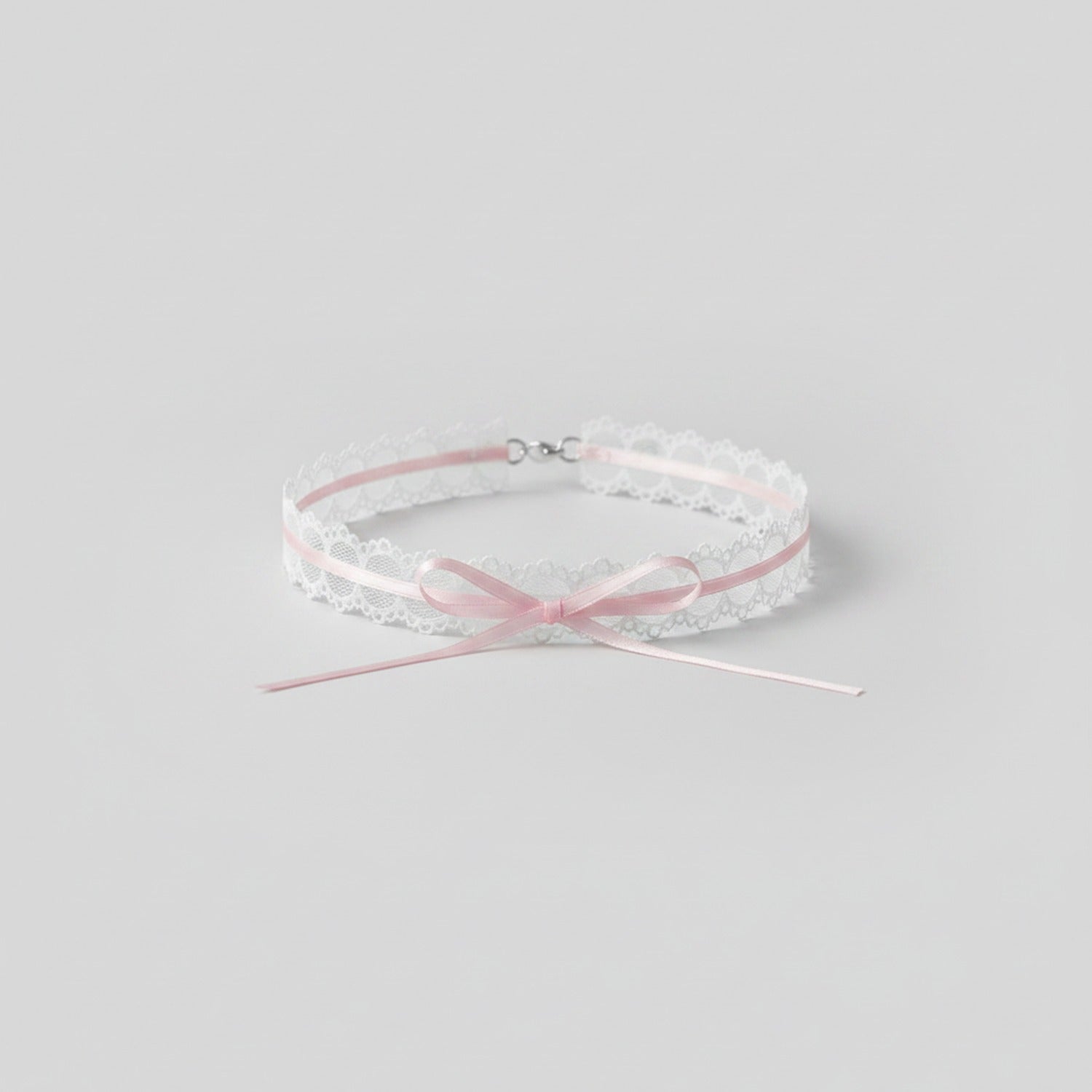 White Lace Choker With Pink Ribbon Bow