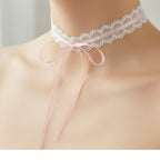 White Lace Choker With Pink Ribbon Bow