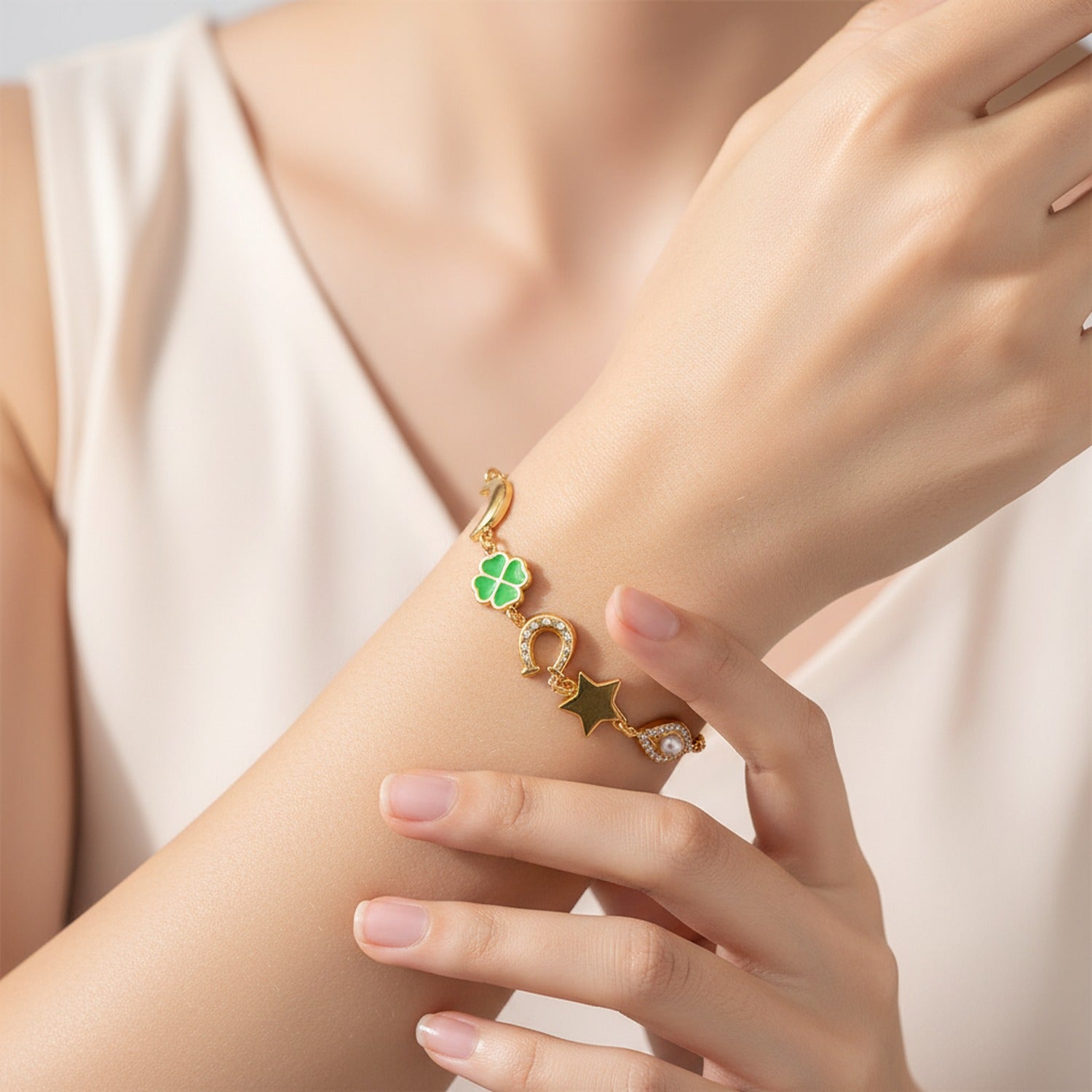 Gold Lucky Charm Bracelet With Pearl Star