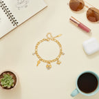 Chain Charm Bracelet With Heart & Key Charms - Gold Crystal Heart