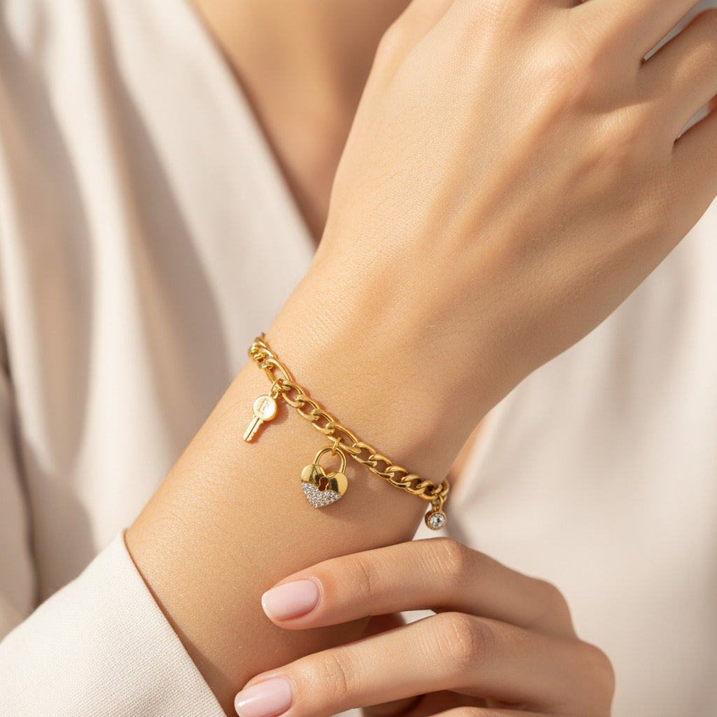 Gold Chain Charm Bracelet With Heart & Key Charms