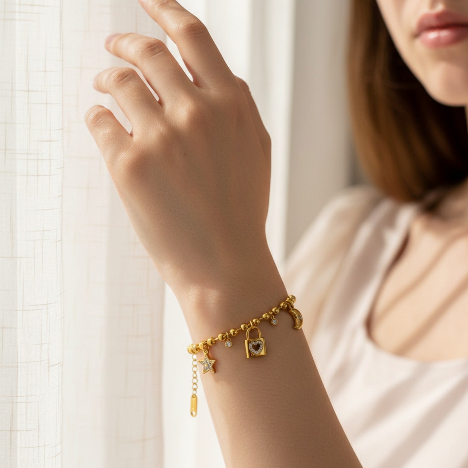 Chain Charm Bracelet With Heart & Key Charms - Gold Charm Bracelet