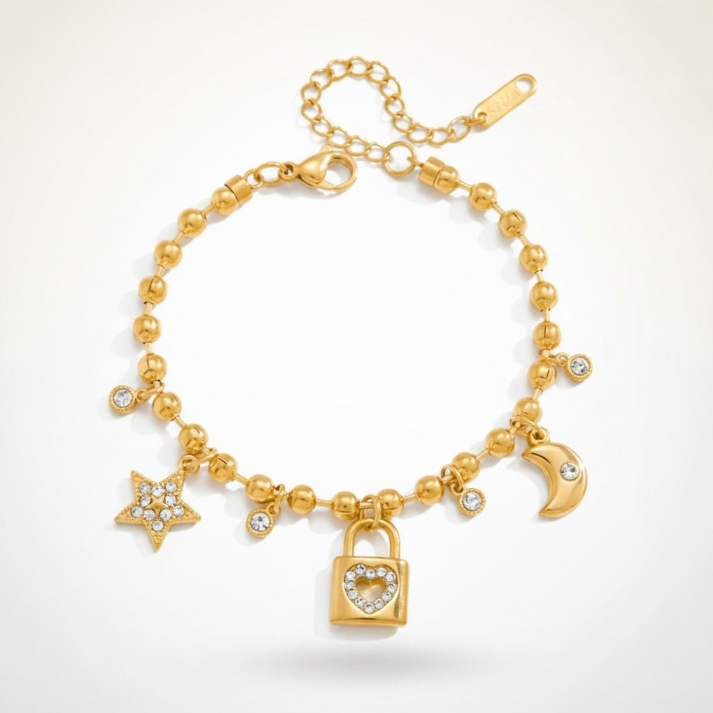 Dainty Gold Star Moon Lock Charm Bracelet – jewelry (view 1)