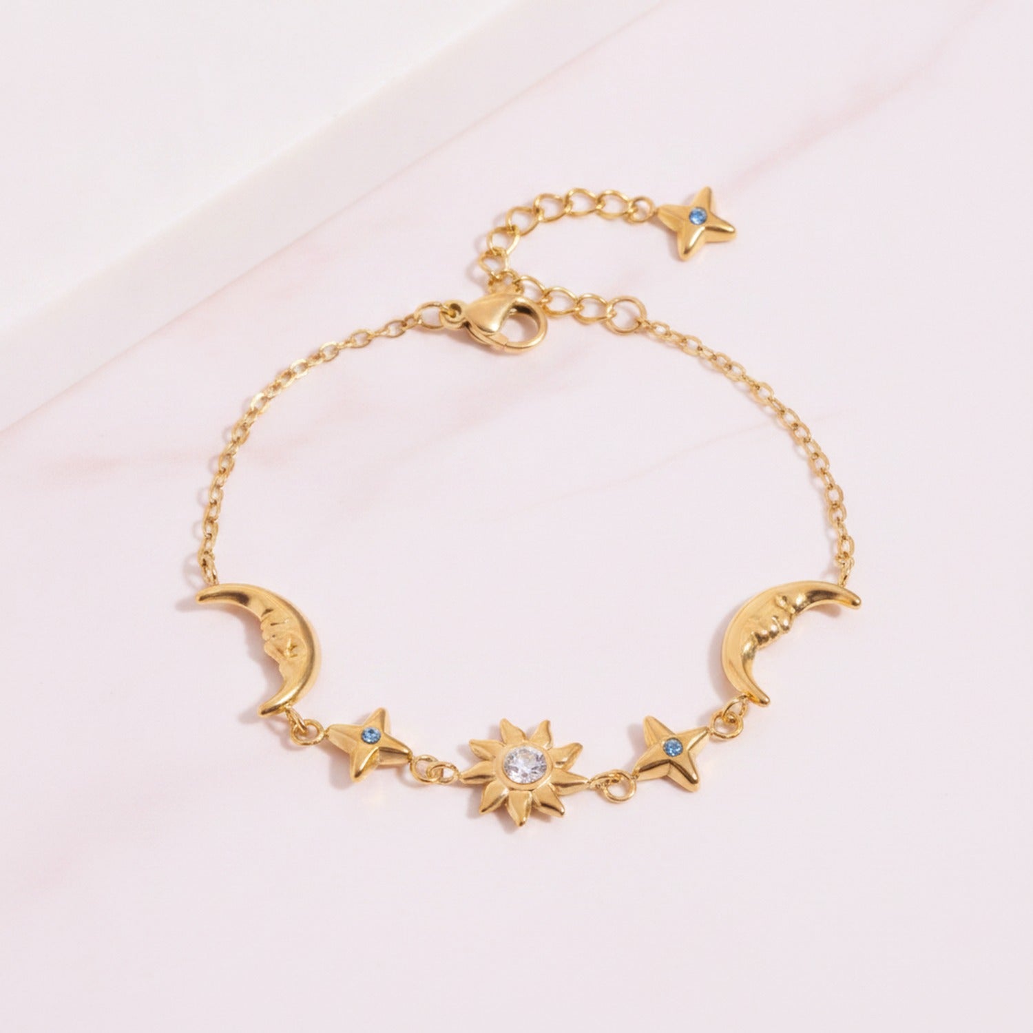 Star Charm Bracelet With Crystals - Gold Moon & Star