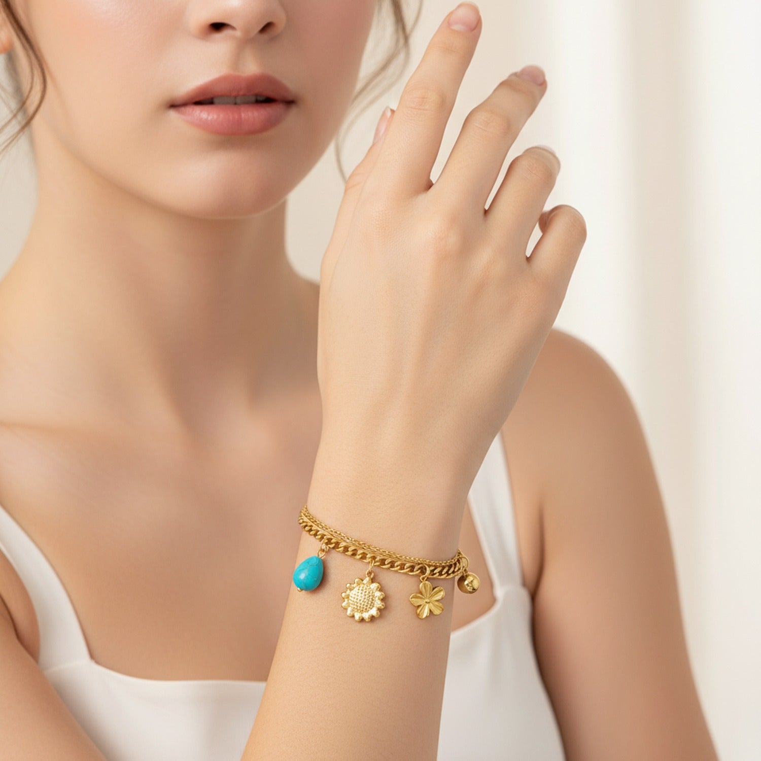 Chain Bracelet With Pearl Charm Charms - Gold Turquoise Charm