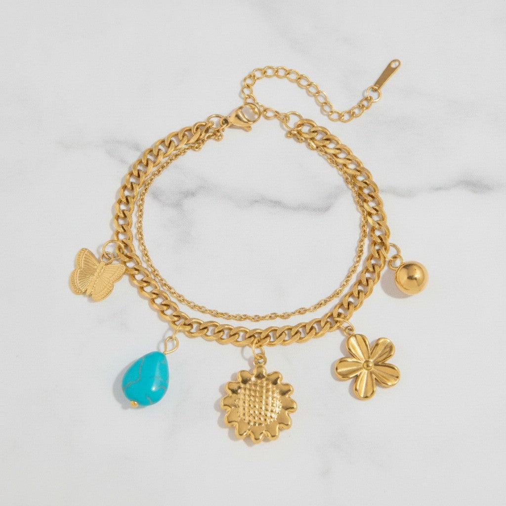Chain Bracelet With Pearl Charm Charms - Gold Turquoise Charm – jewelry (view 2)