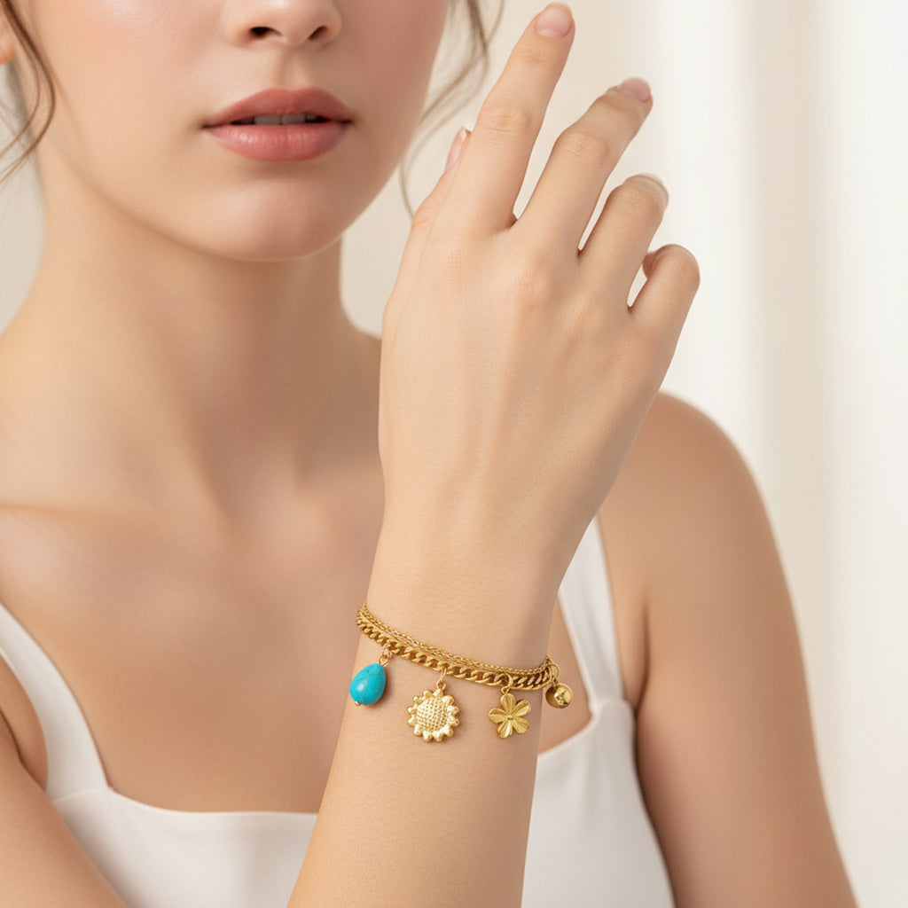 Chain Bracelet With Pearl Charm Charms - Gold Turquoise Charm – jewelry (view 3)
