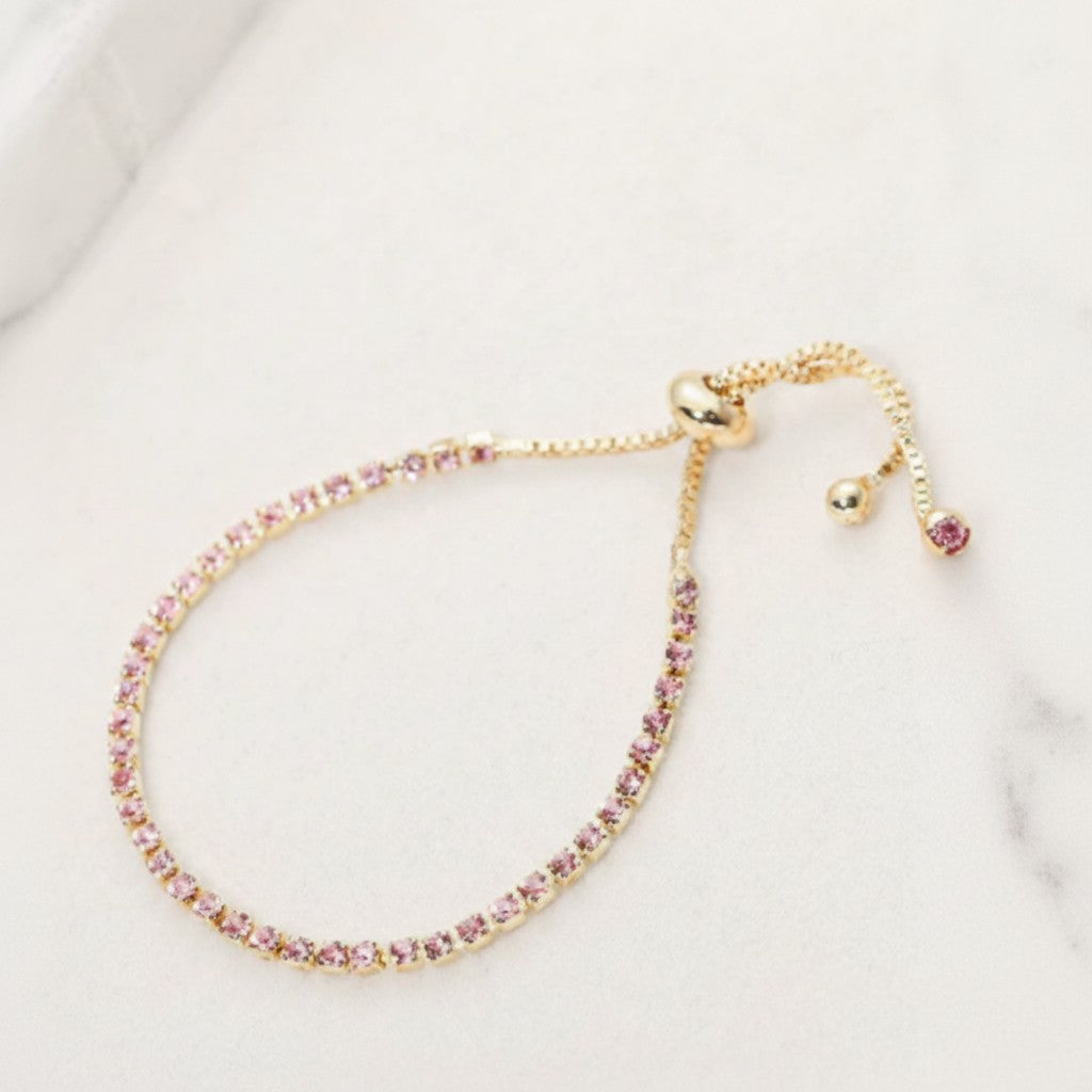 Cubic Zirconia Adjustable Tennis Bracelet - Gold Pink Crystal – jewelry (view 2)