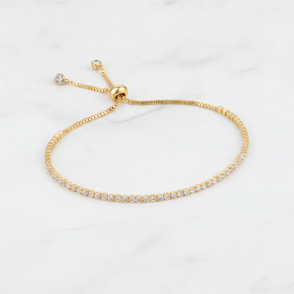 Cubic Zirconia Adjustable Tennis Bracelet - Gold White Diamond – jewelry (view 2)