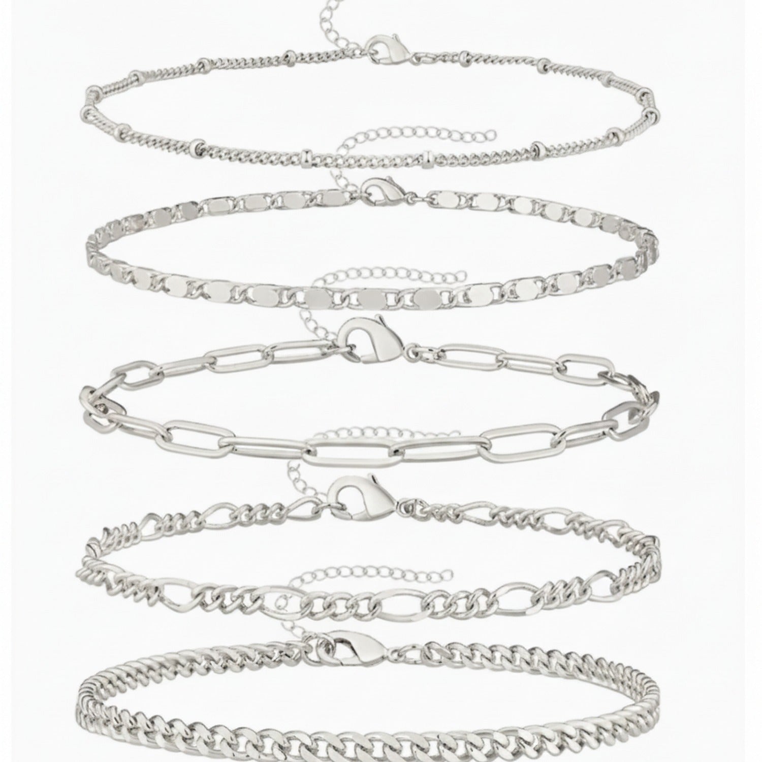 Silver Chain Link Bracelet Set Six Piece