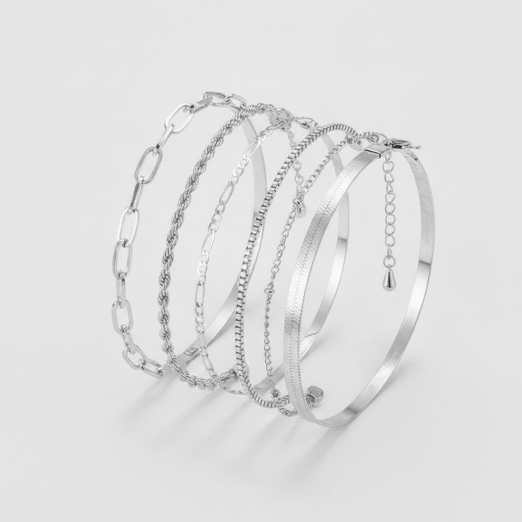 Chain Link Bangle Bracelet Set - S103 Silver